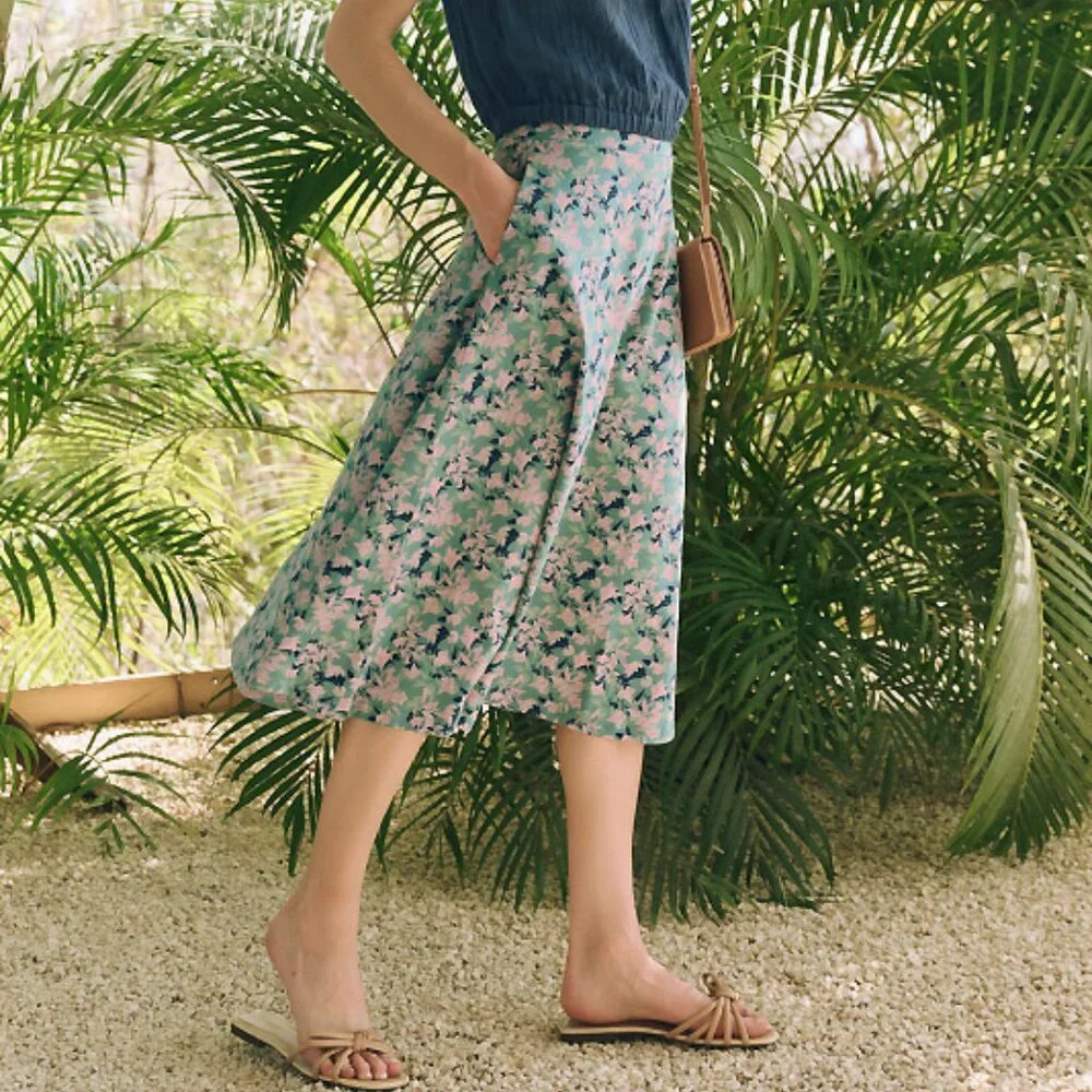 New Pact Stretch Cotton Floral Knit Midi Skirt Jade Green Pink Small - Picture 1 of 8